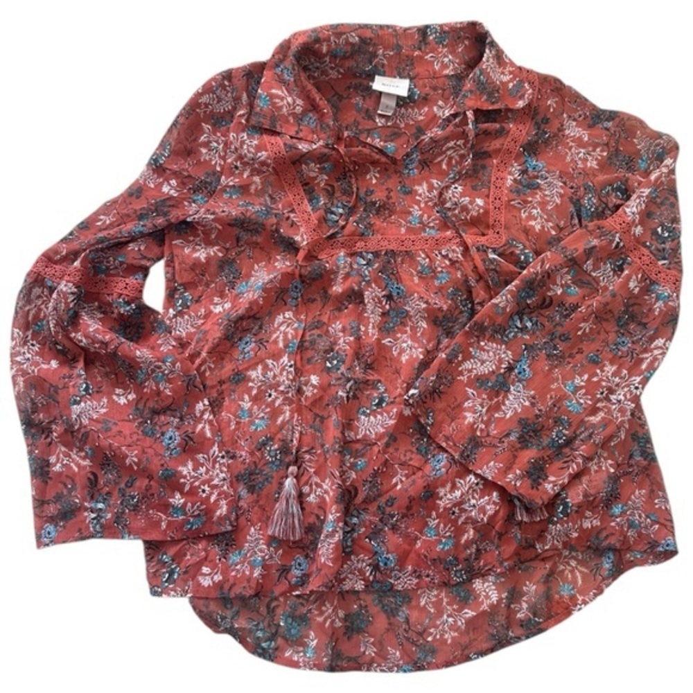 Knox Rose Boho Floral Lace Trim Blouse Rust Red Long Sleeve S Cottagecore‎